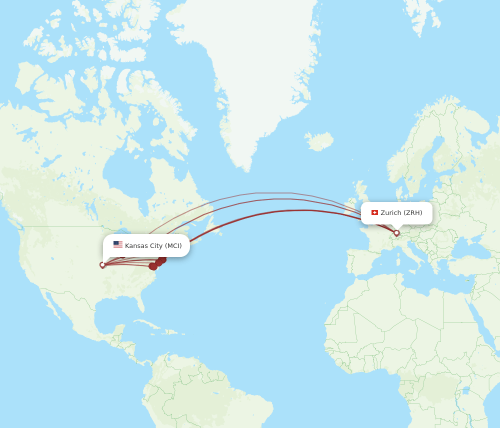ZRH to MCI flights and routes map