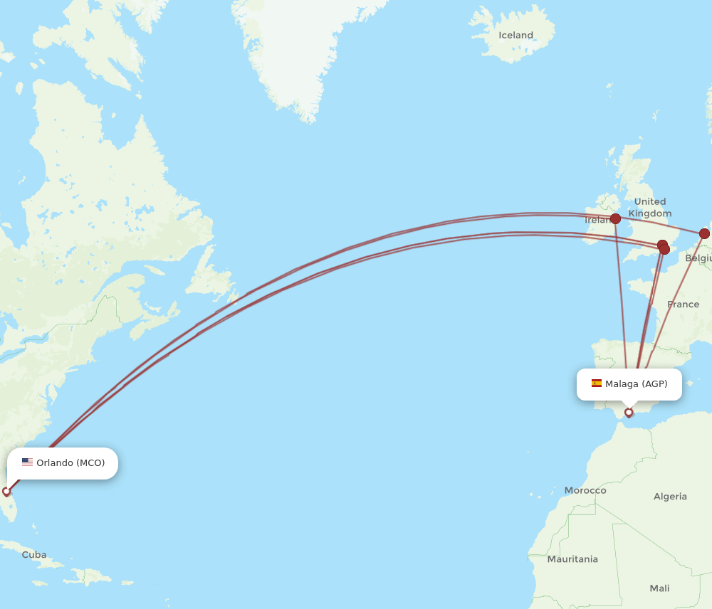 MCO to AGP flights and routes map