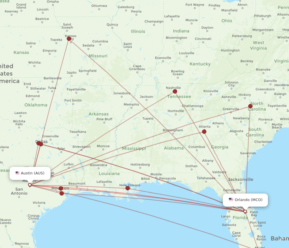 MCO to AUS flights and routes map