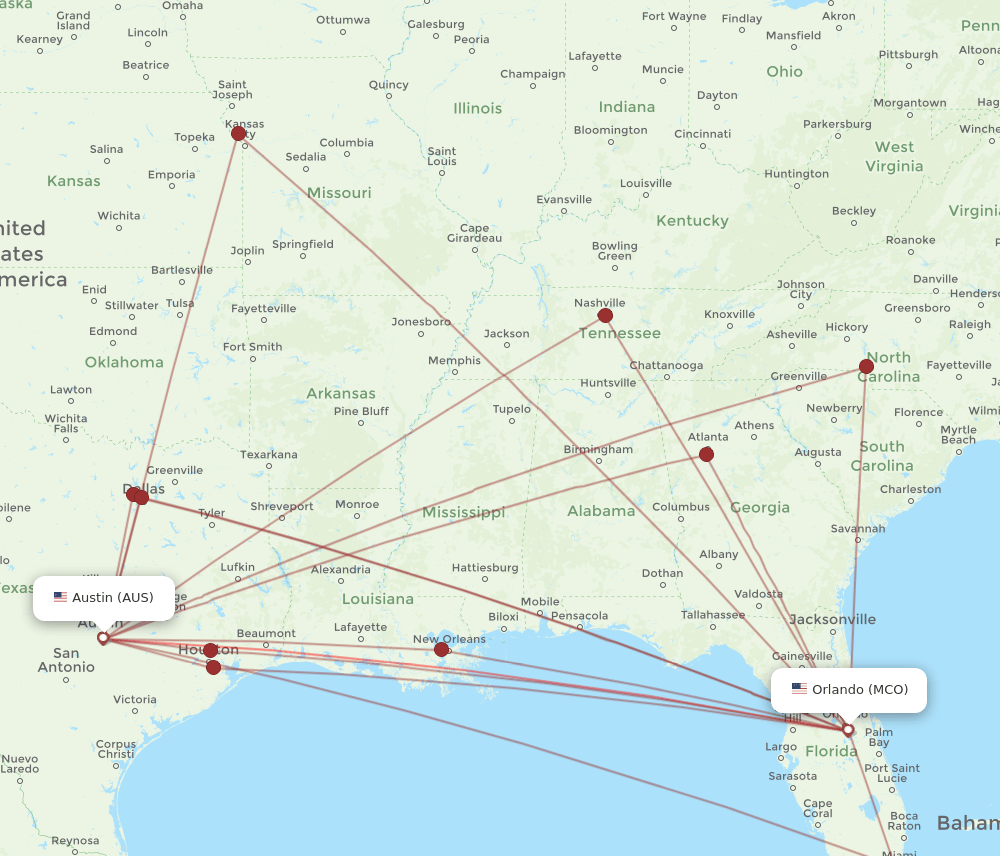 MCO to AUS flights and routes map