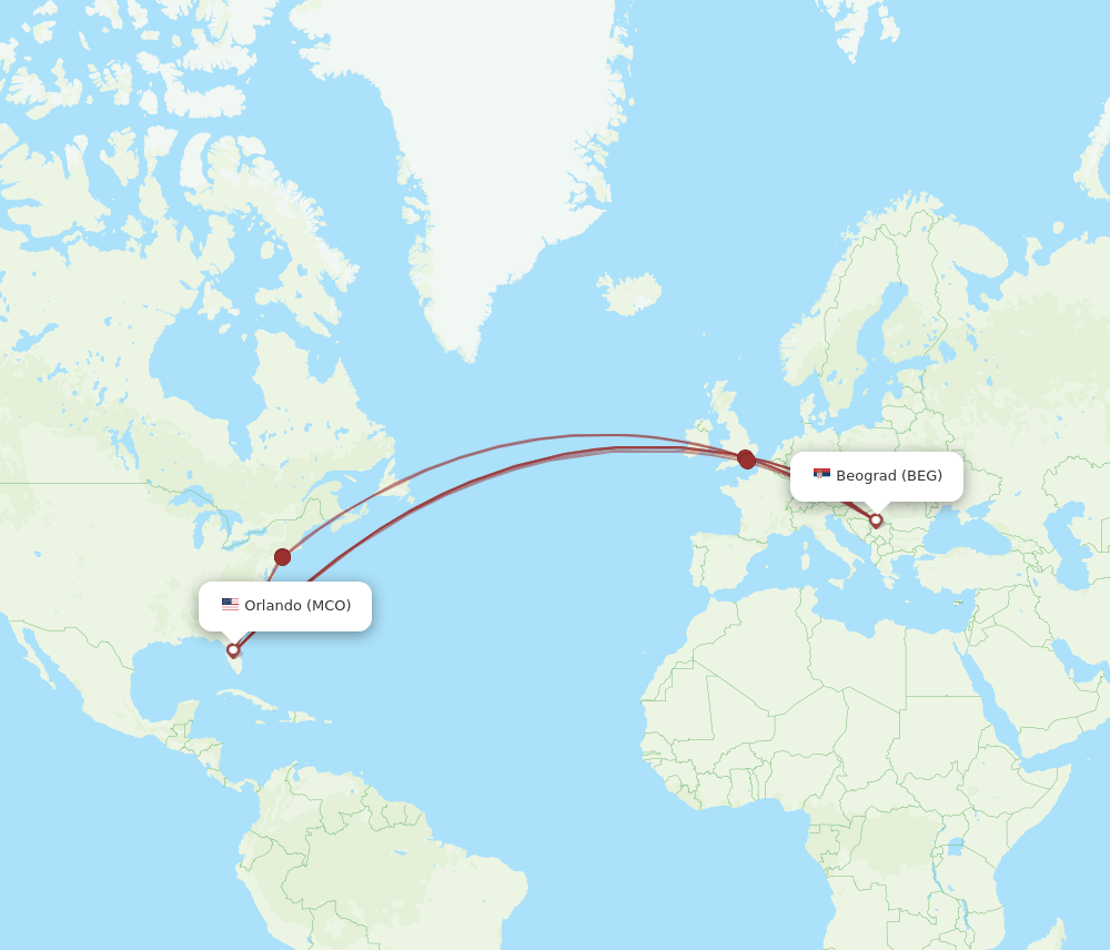MCO to BEG flights and routes map