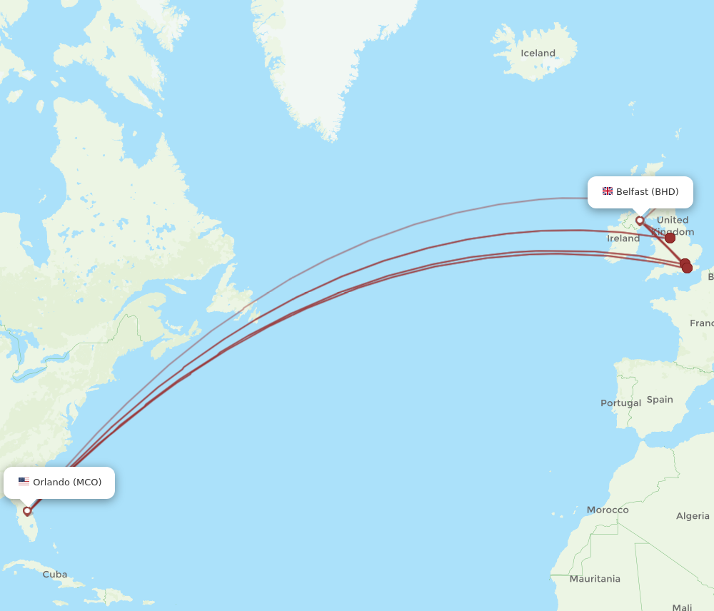 MCO to BHD flights and routes map