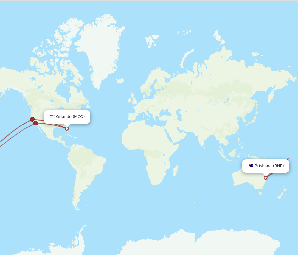 MCO to BNE flights and routes map