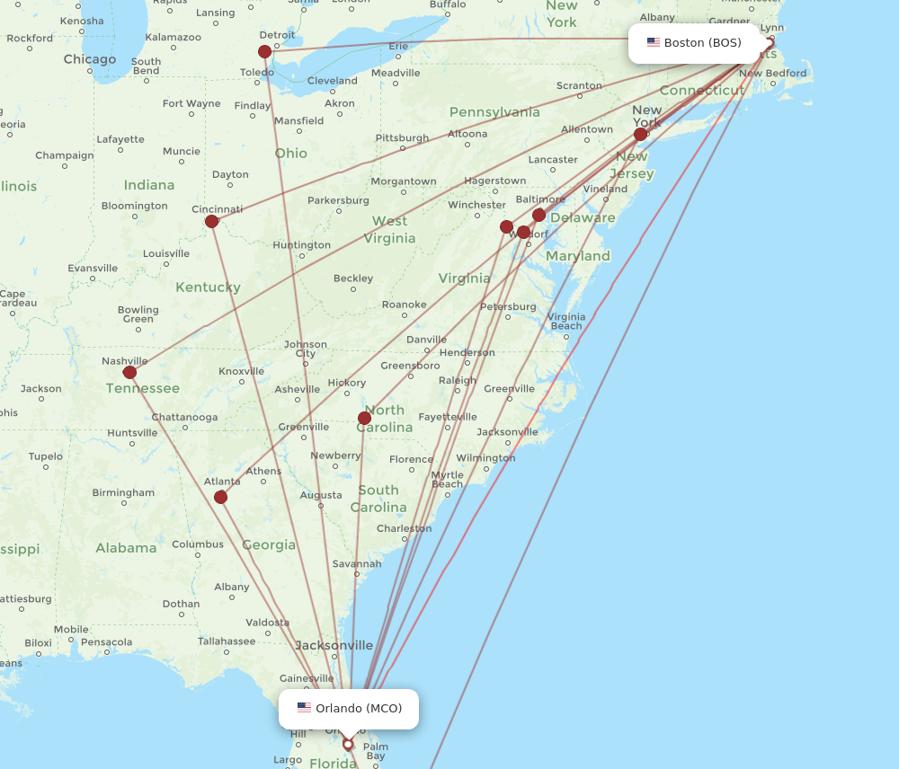 MCO to BOS flights and routes map