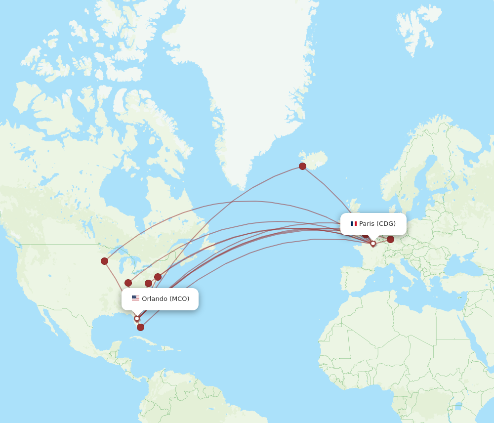 MCO to CDG flights and routes map