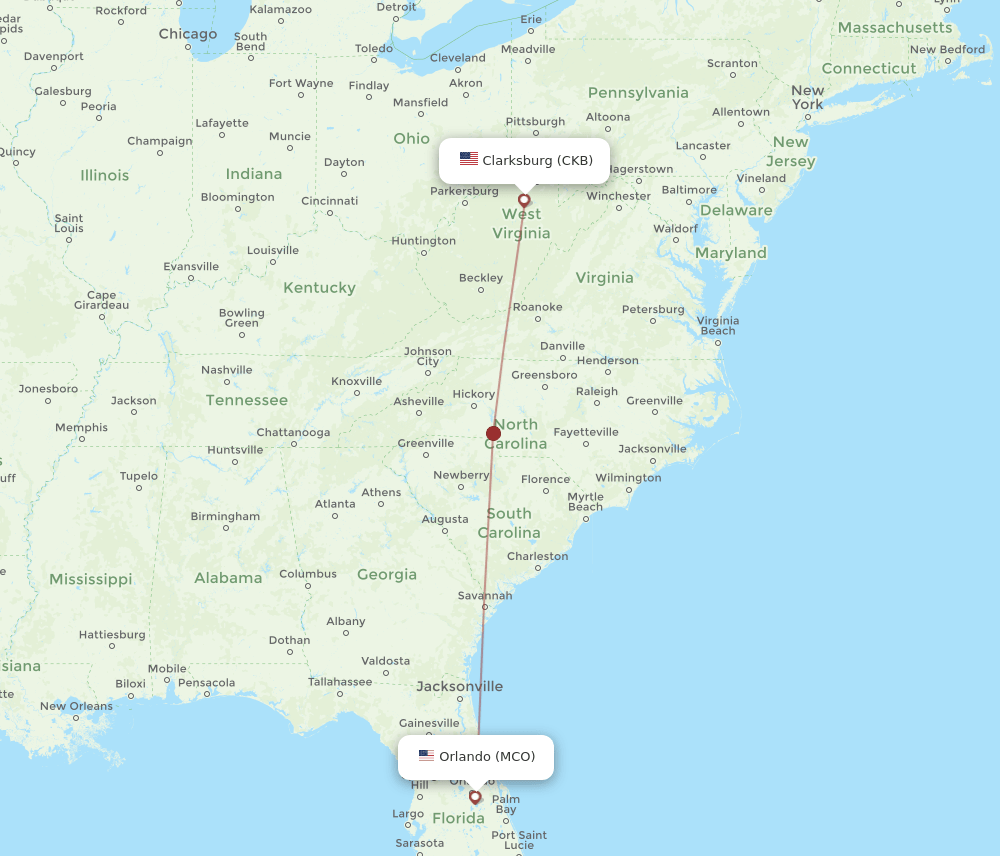 MCO to CKB flights and routes map