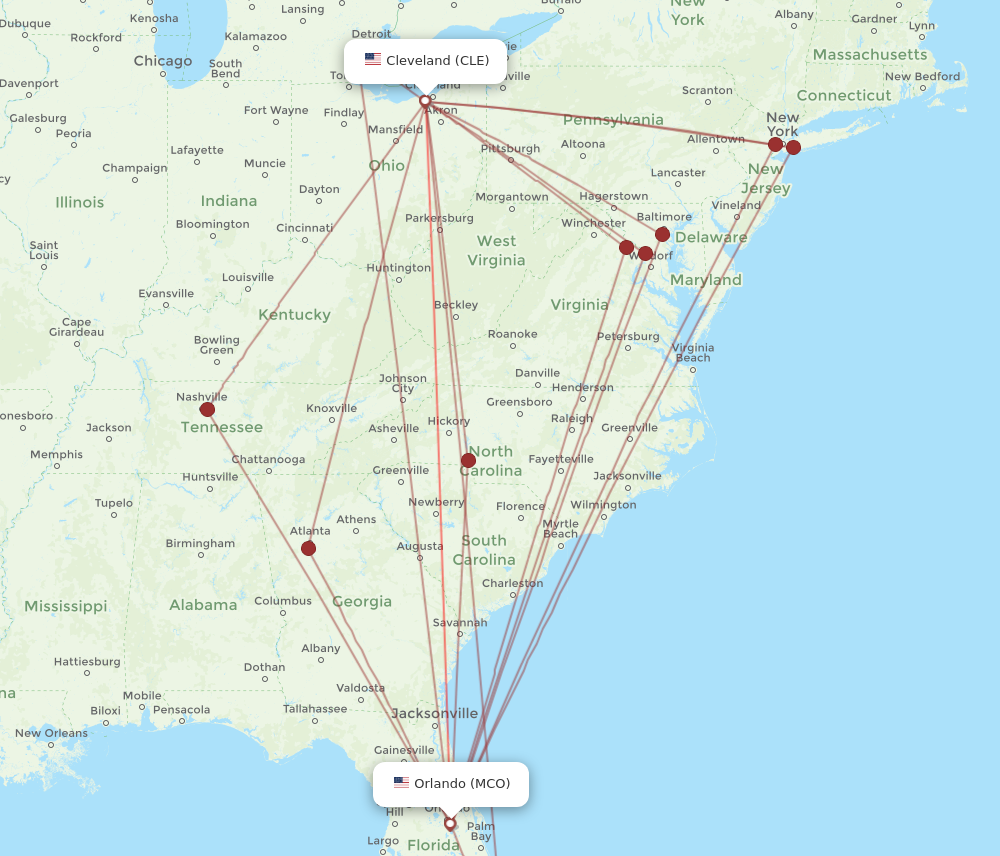 MCO to CLE flights and routes map