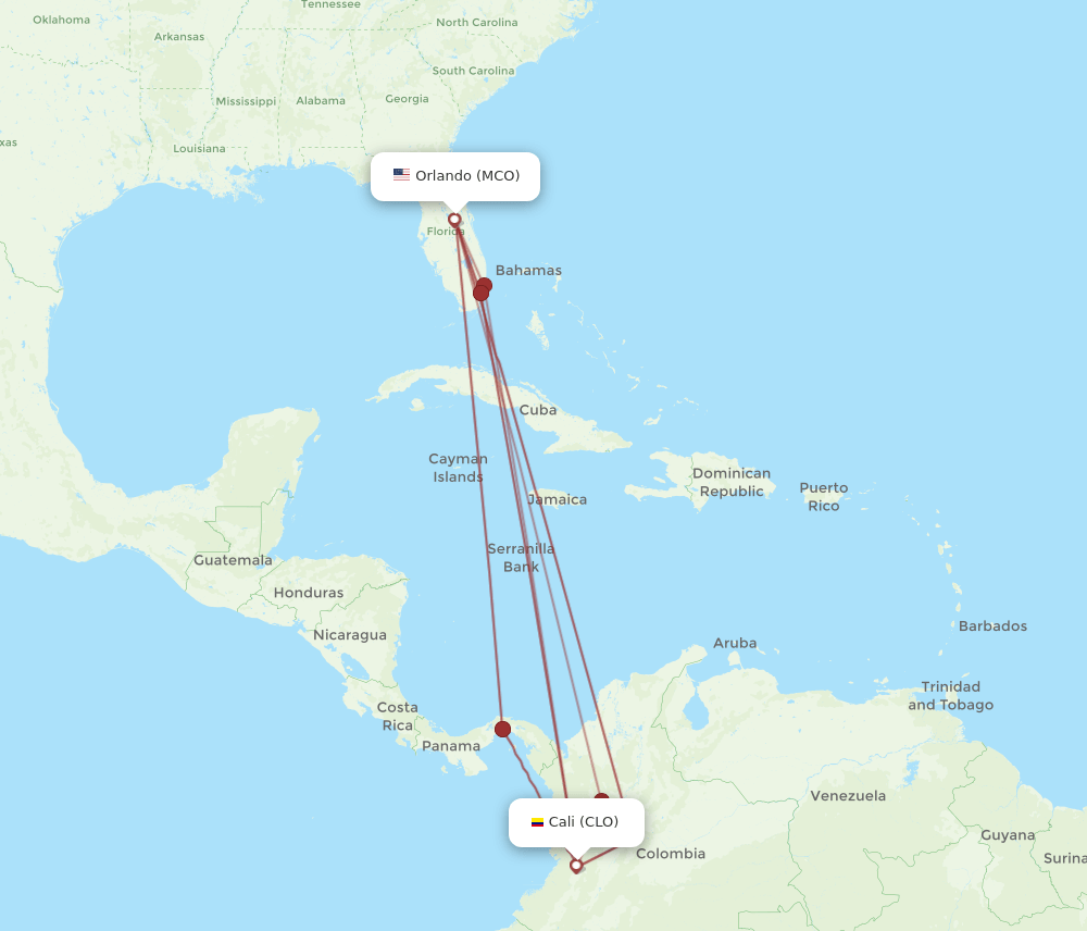 MCO to CLO flights and routes map