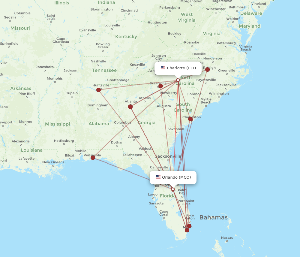 Orlando - Charlotte route map and flight paths