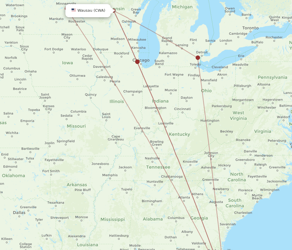MCO to CWA flights and routes map