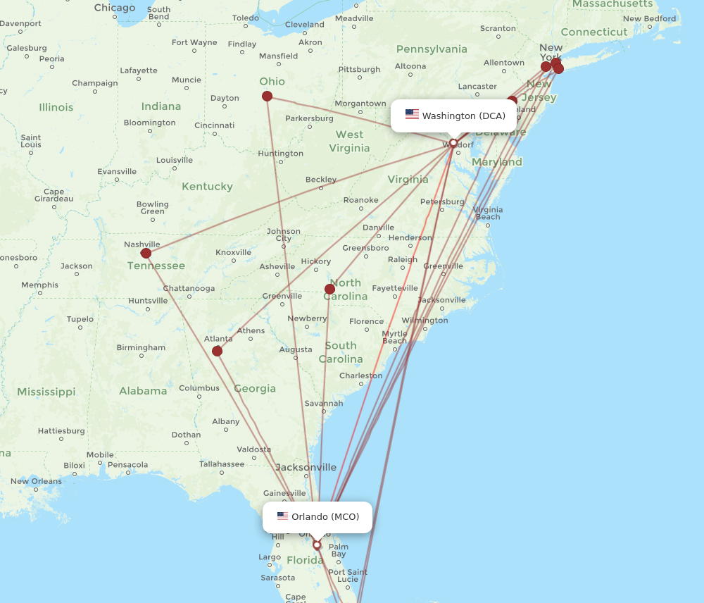MCO to DCA flights and routes map