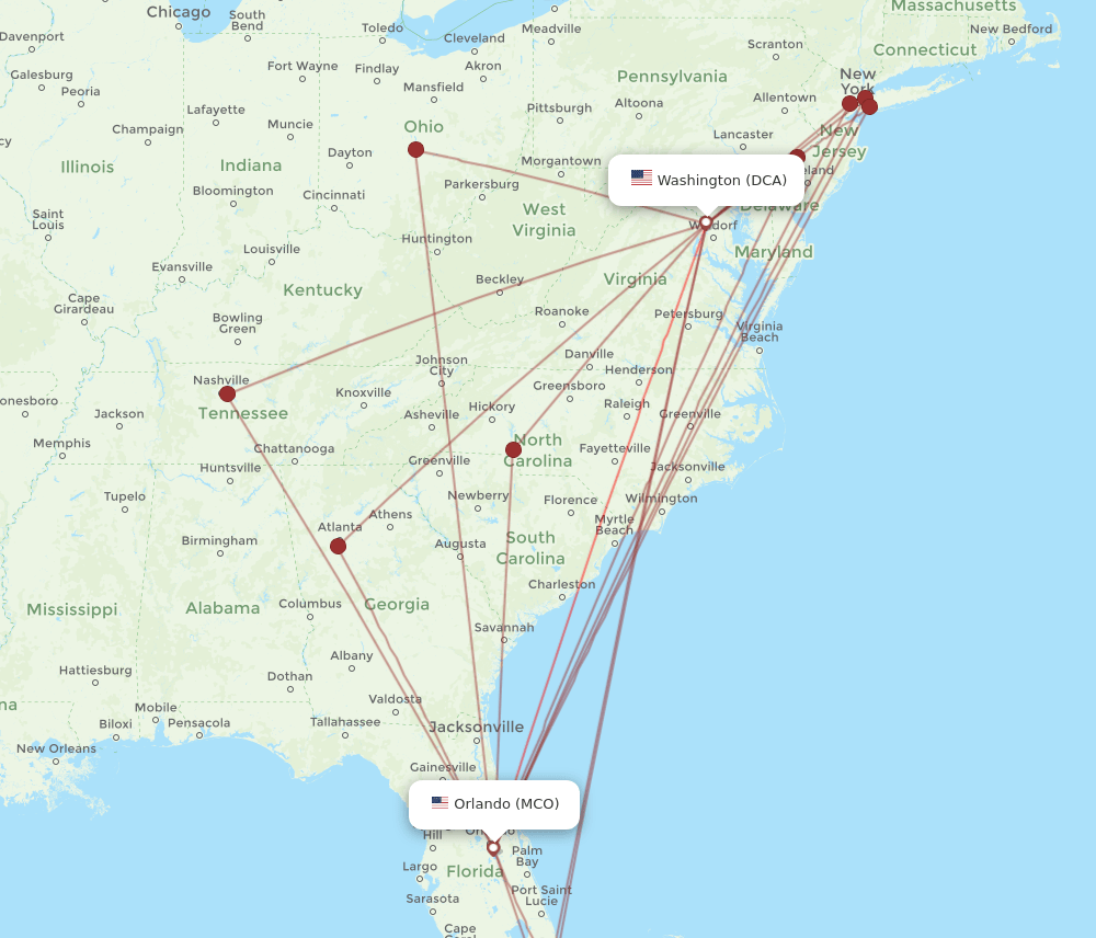 MCO to DCA flights and routes map