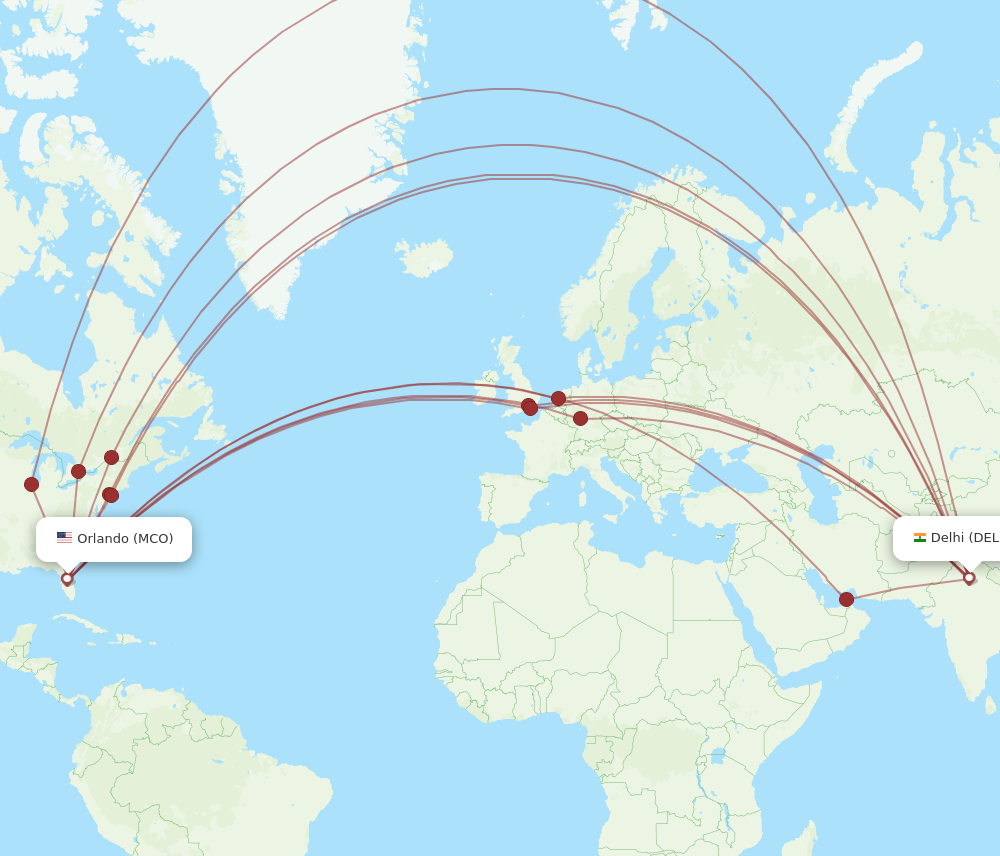 MCO to DEL flights and routes map