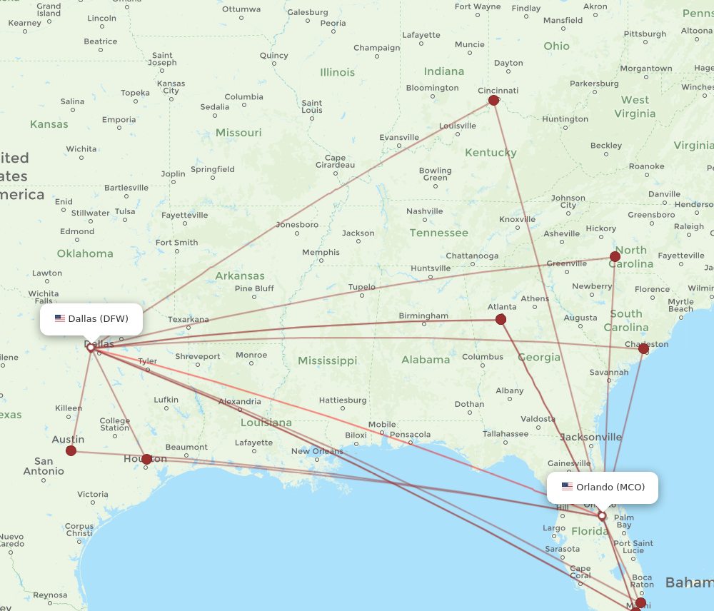 Orlando - Dallas route map and flight paths