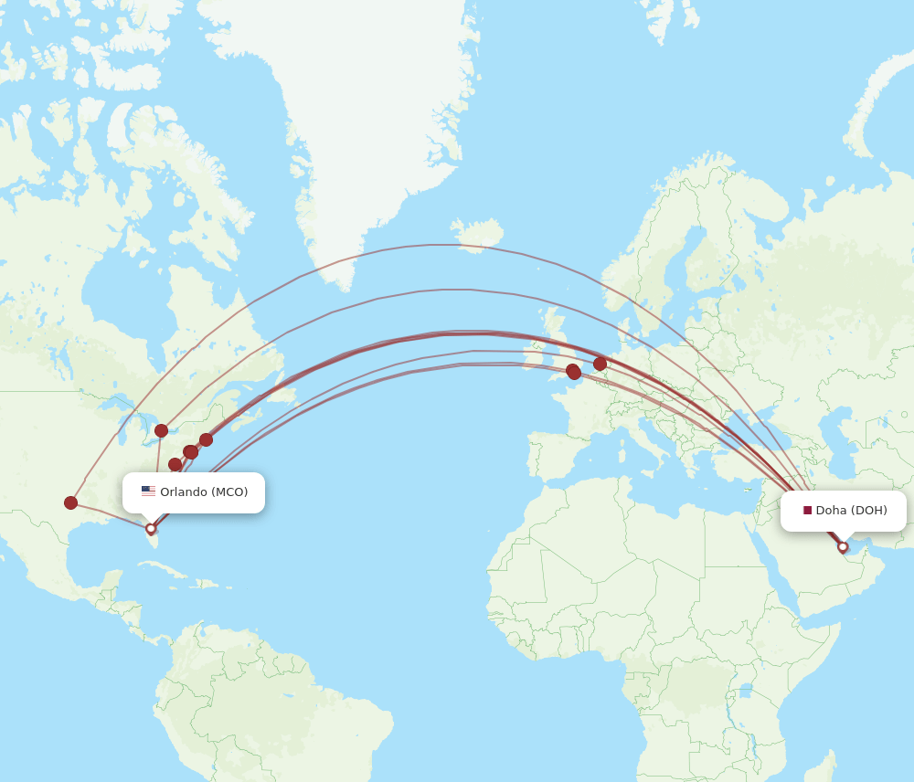 MCO to DOH flights and routes map