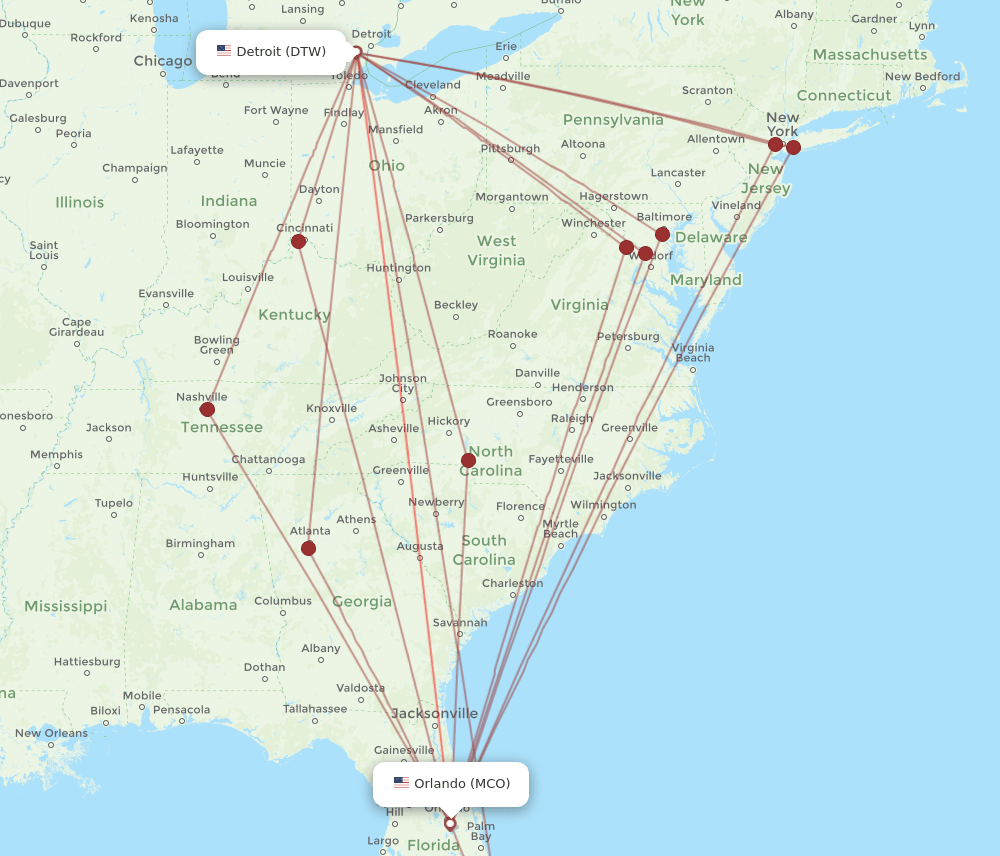 MCO to DTW flights and routes map