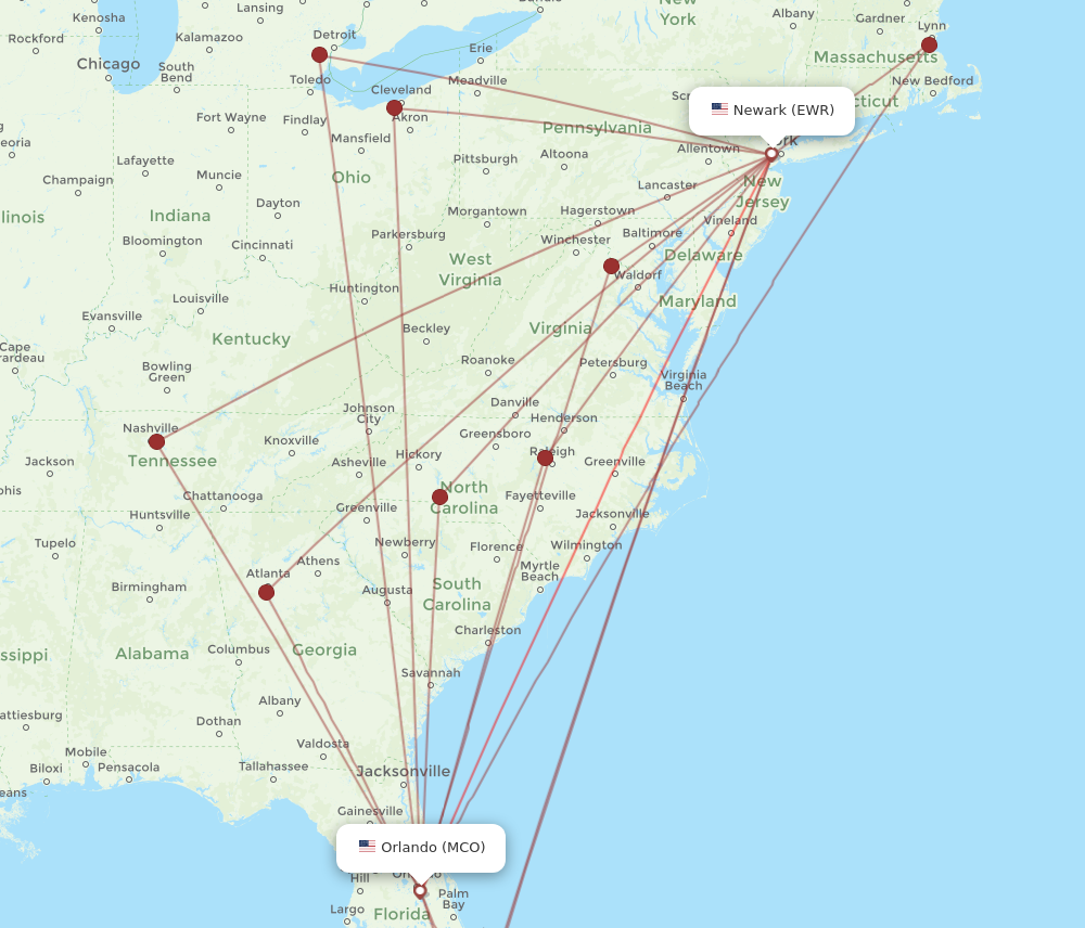 Orlando - Newark route map and flight paths