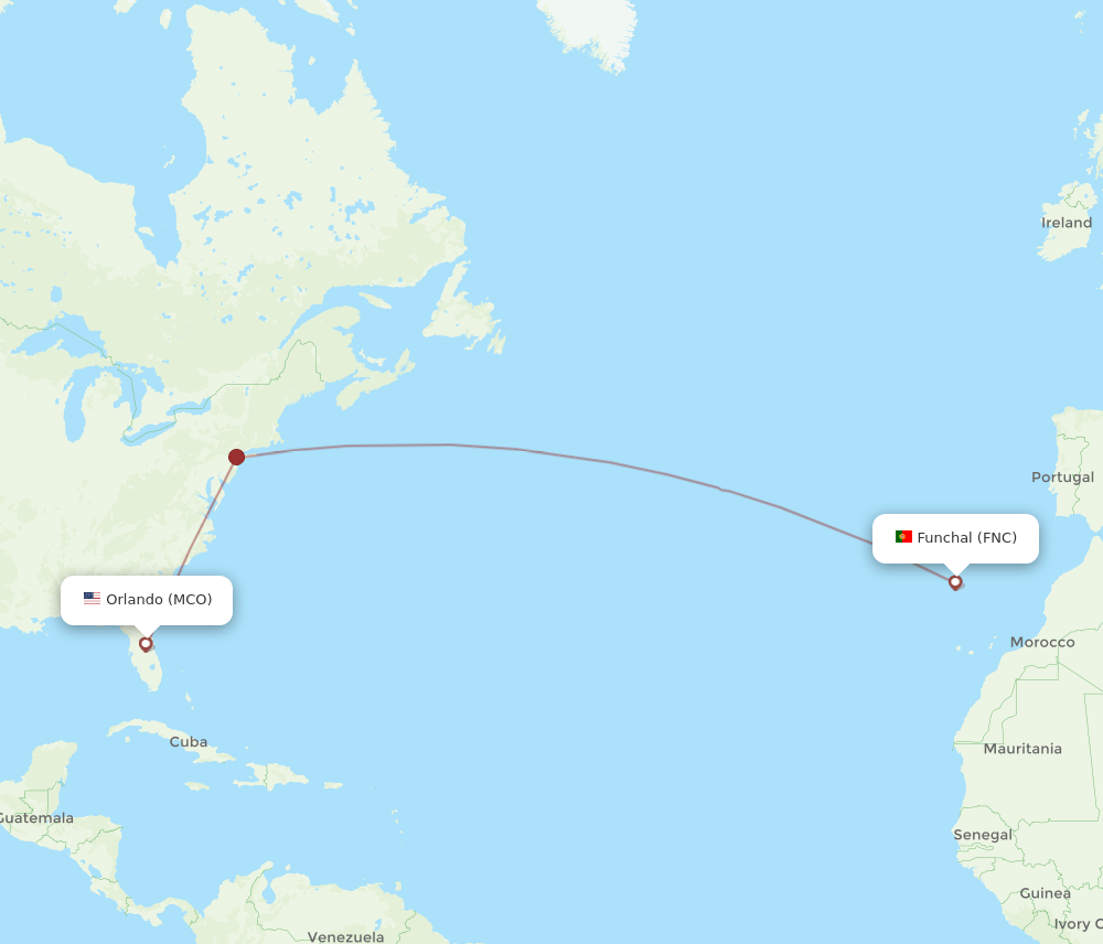 Funchal - Orlando route map and flight paths