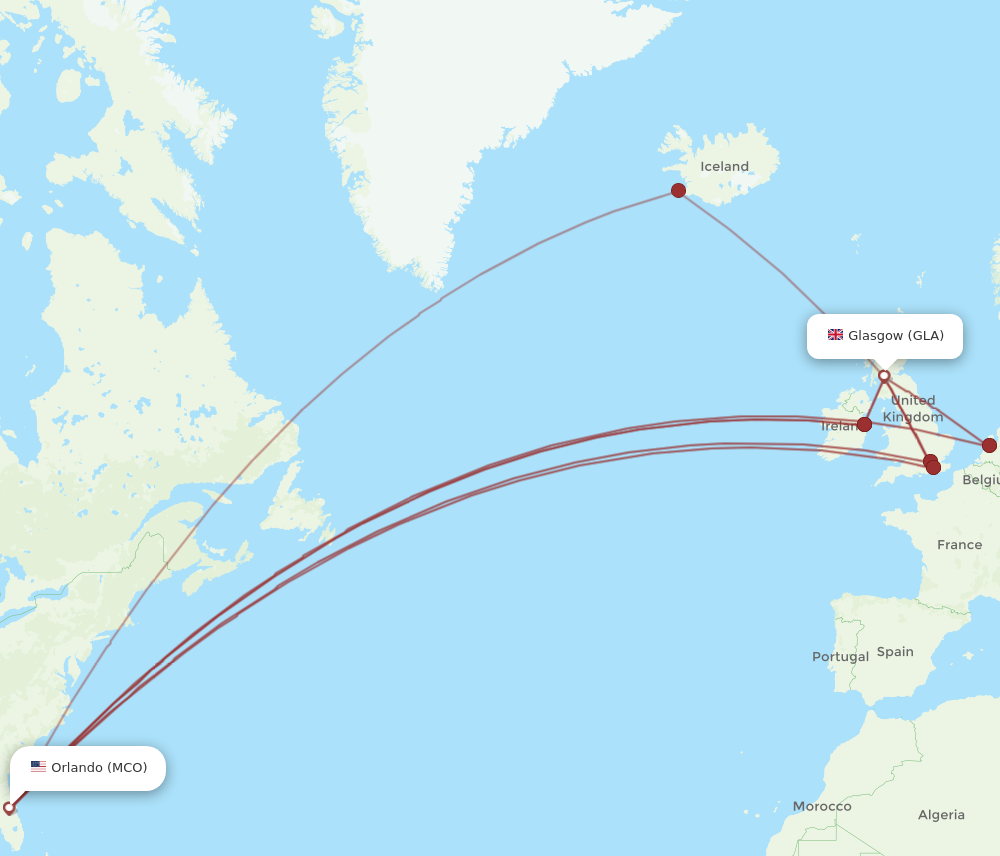 MCO to GLA flights and routes map