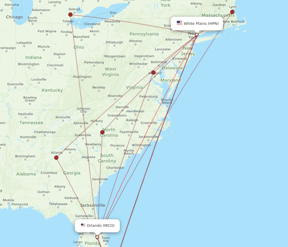 MCO to HPN flights and routes map