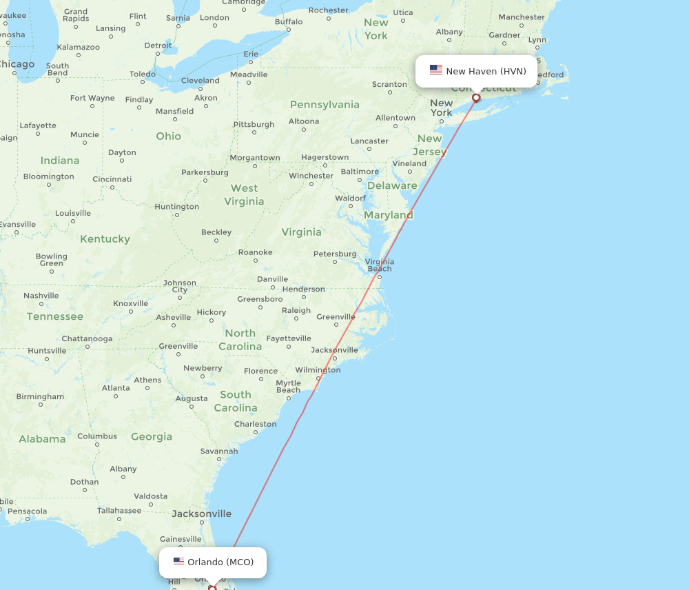 MCO to HVN flights and routes map