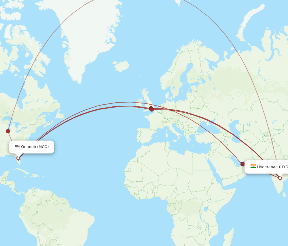 MCO to HYD flights and routes map