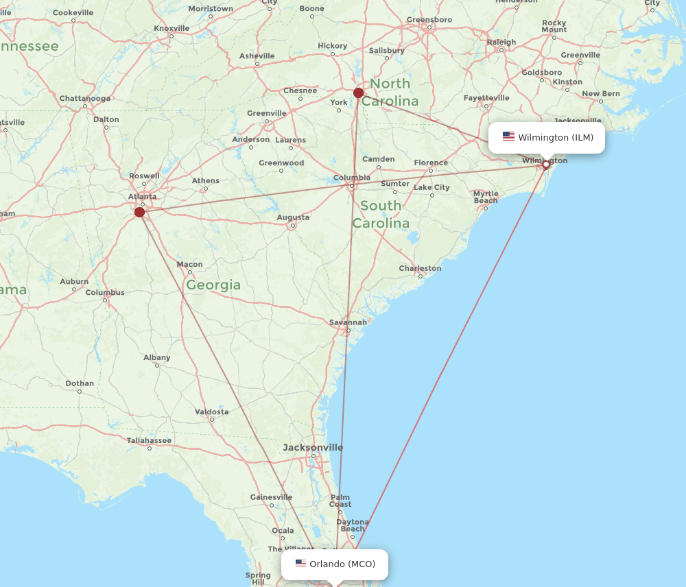 MCO to ILM flights and routes map