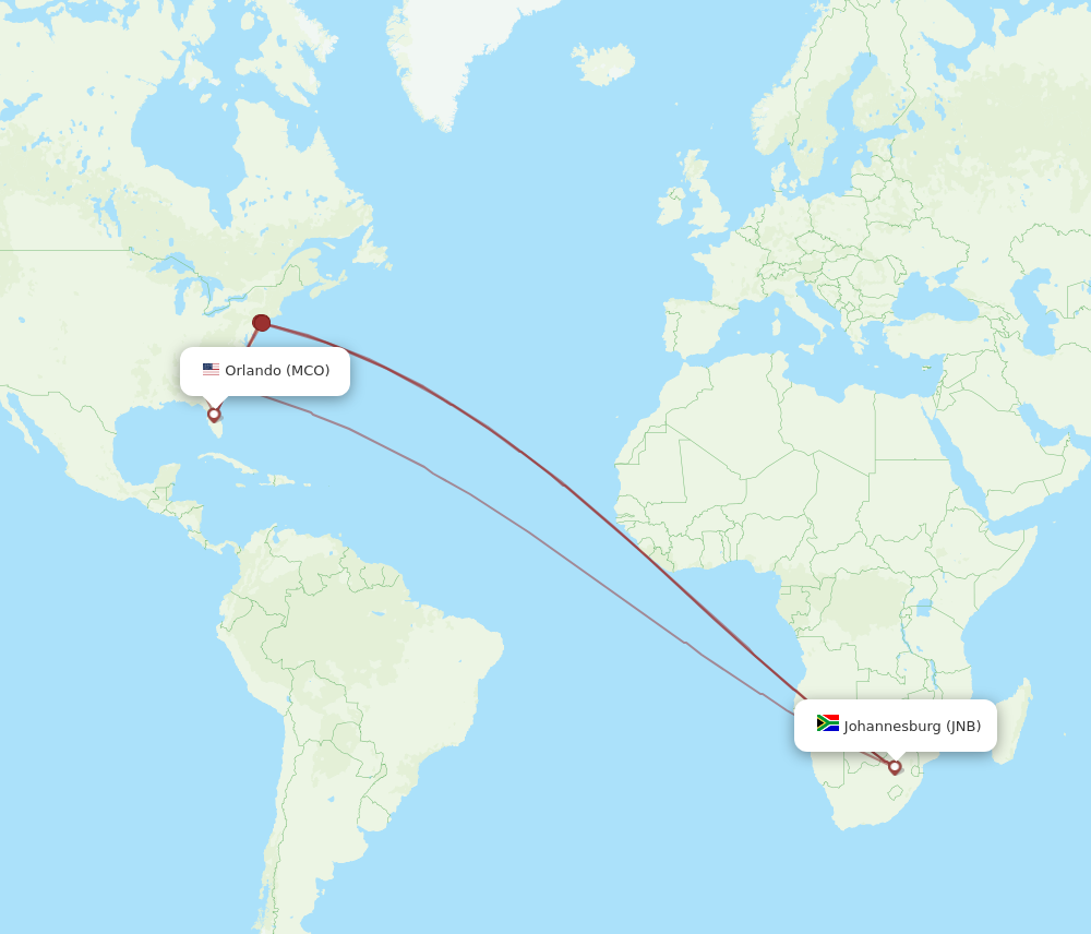 MCO to JNB flights and routes map