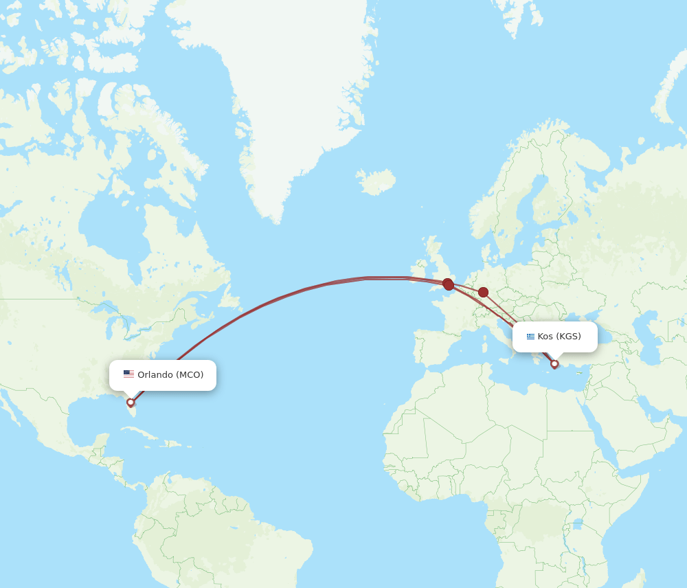 Kos - Orlando route map and flight paths