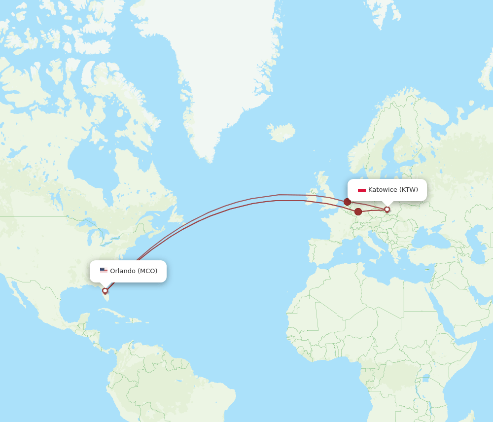 MCO-KTW flight routes