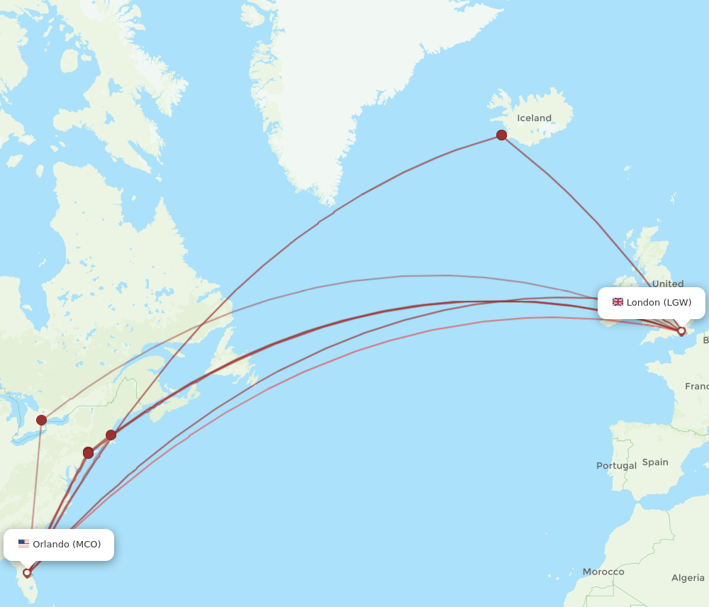 MCO to LGW flights and routes map