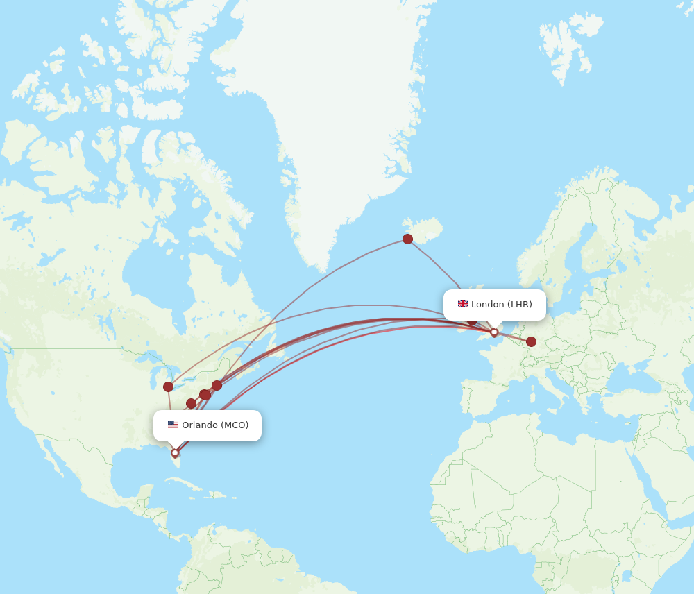 MCO to LHR flights and routes map
