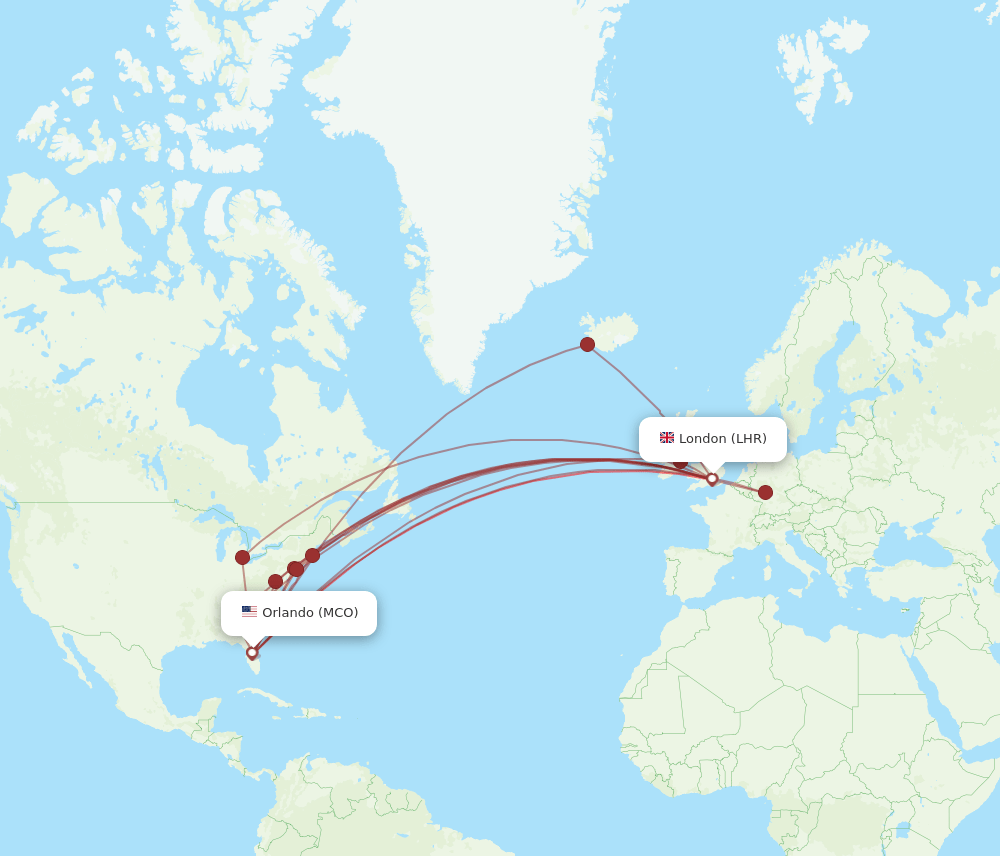 MCO to LHR flights and routes map