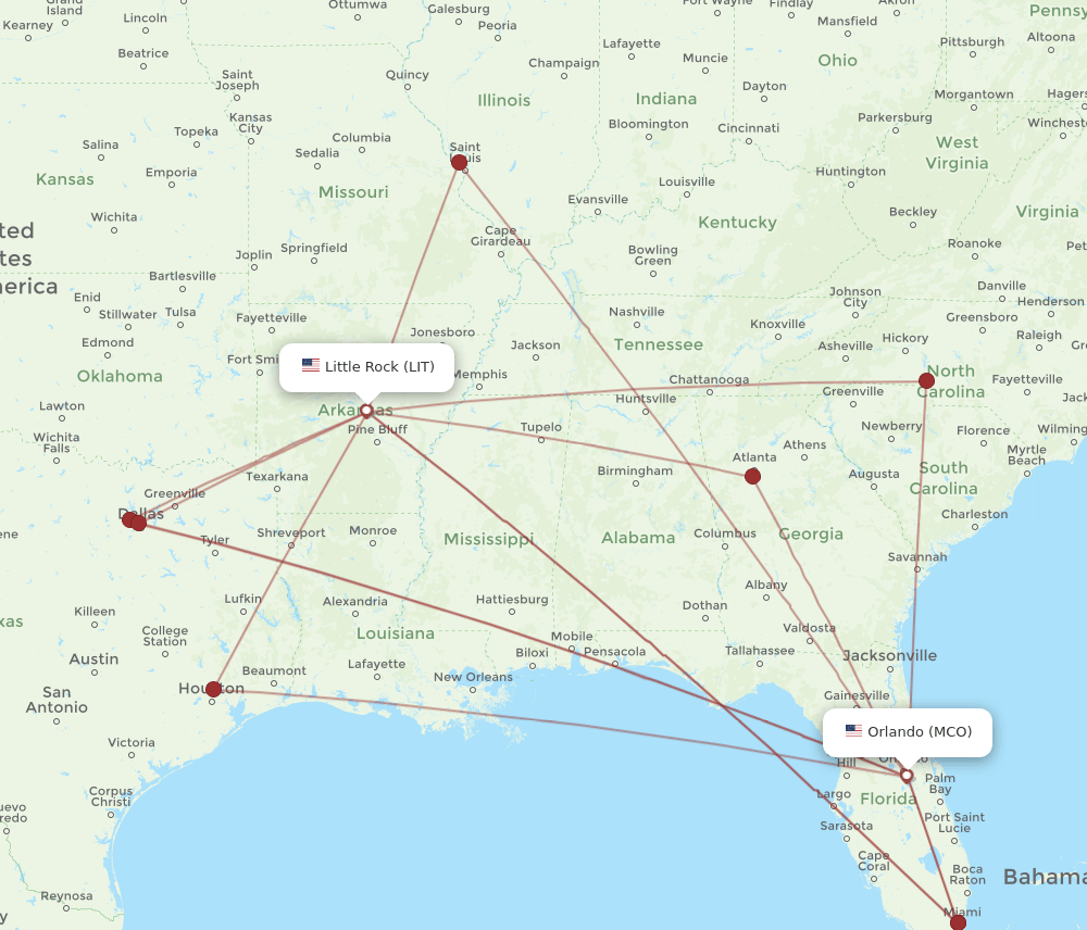 MCO to LIT flights and routes map