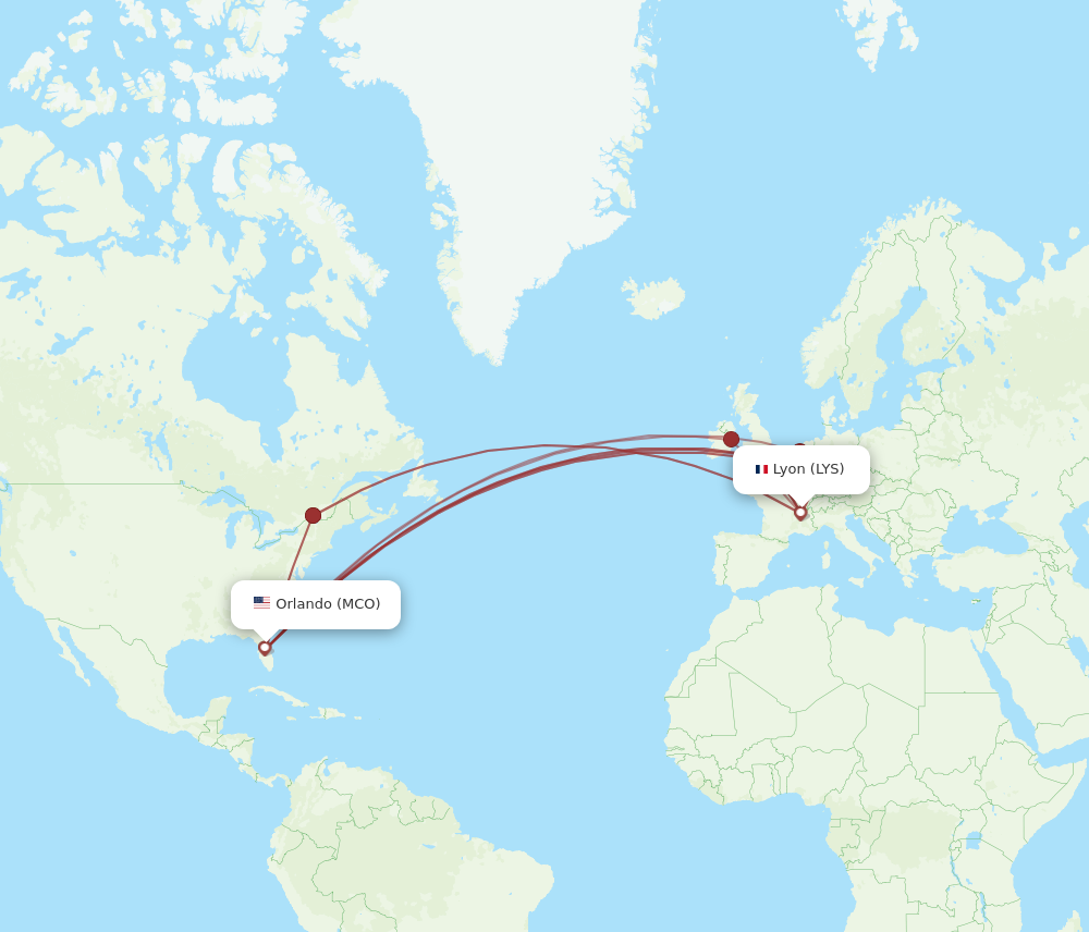 MCO to LYS flights and routes map