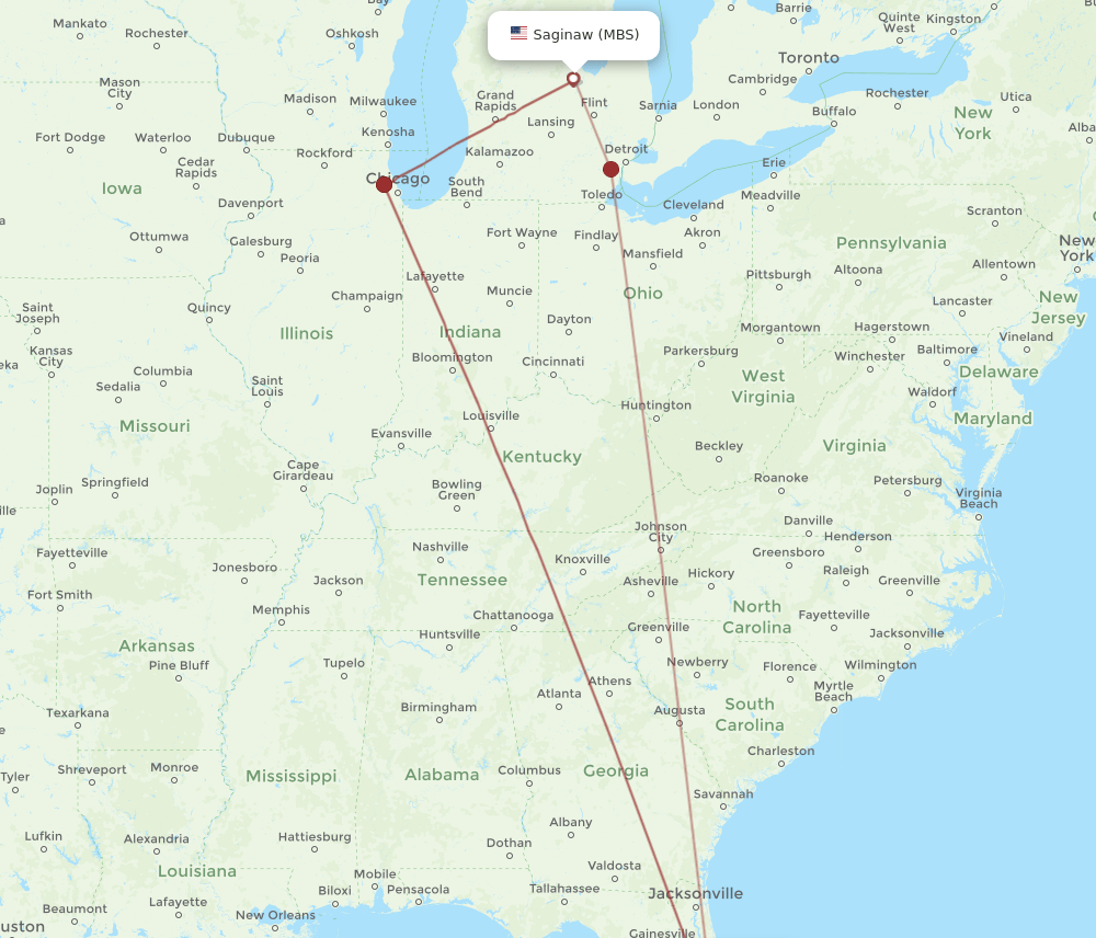 MCO to MBS flights and routes map