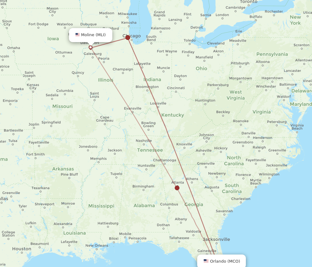 MCO to MLI flights and routes map
