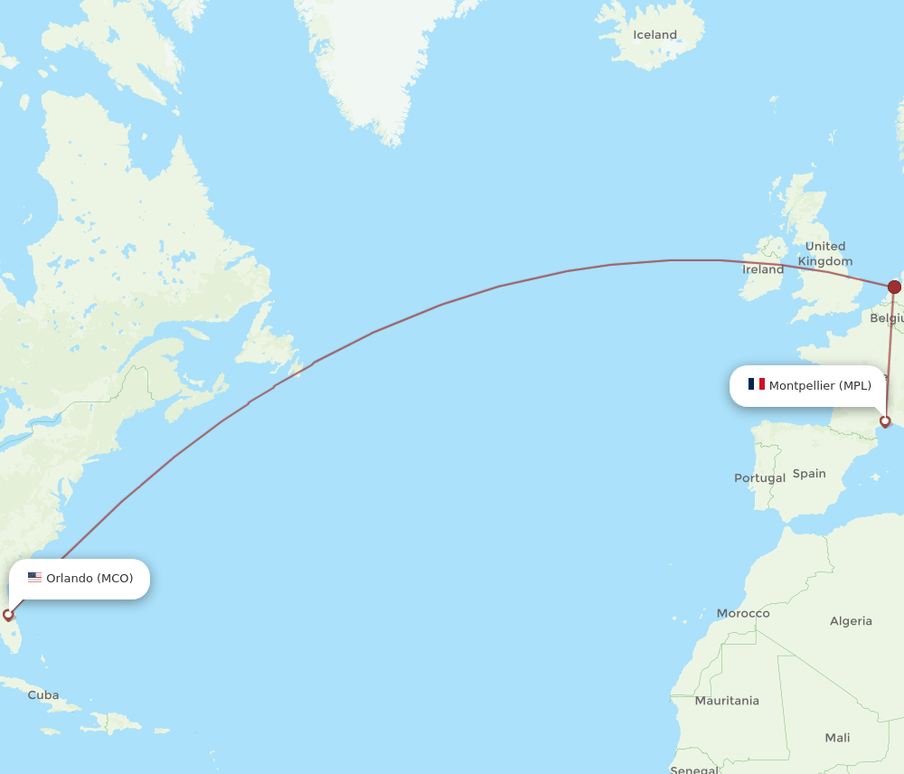 Montpellier - Orlando route map and flight paths
