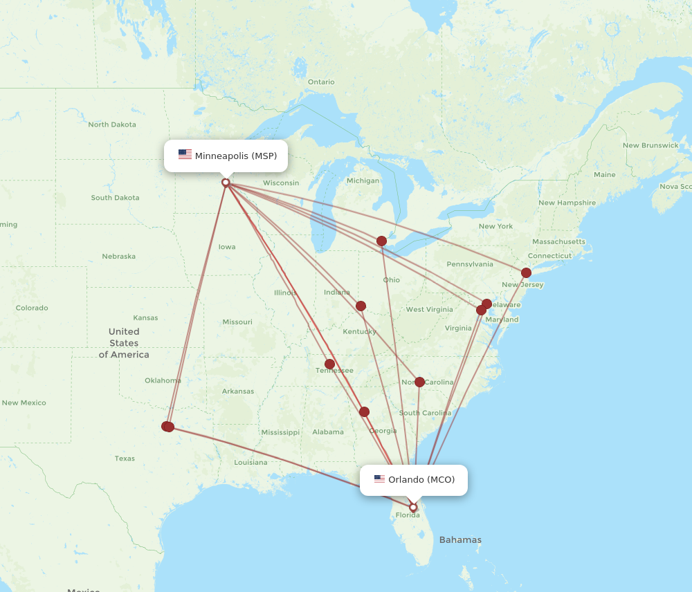 MCO to MSP flights and routes map
