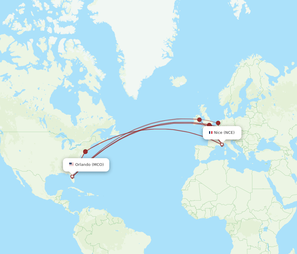 MCO to NCE flights and routes map