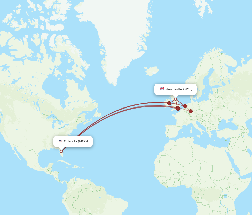 MCO to NCL flights and routes map