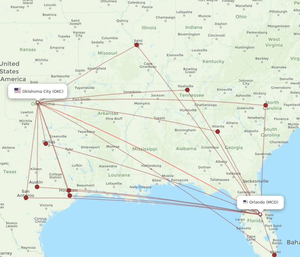 MCO-OKC flight routes