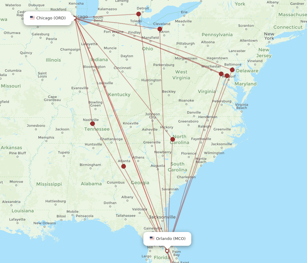 MCO to ORD flights and routes map