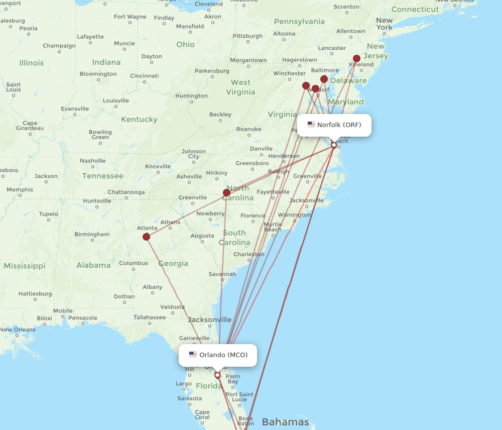 MCO-ORF flight routes