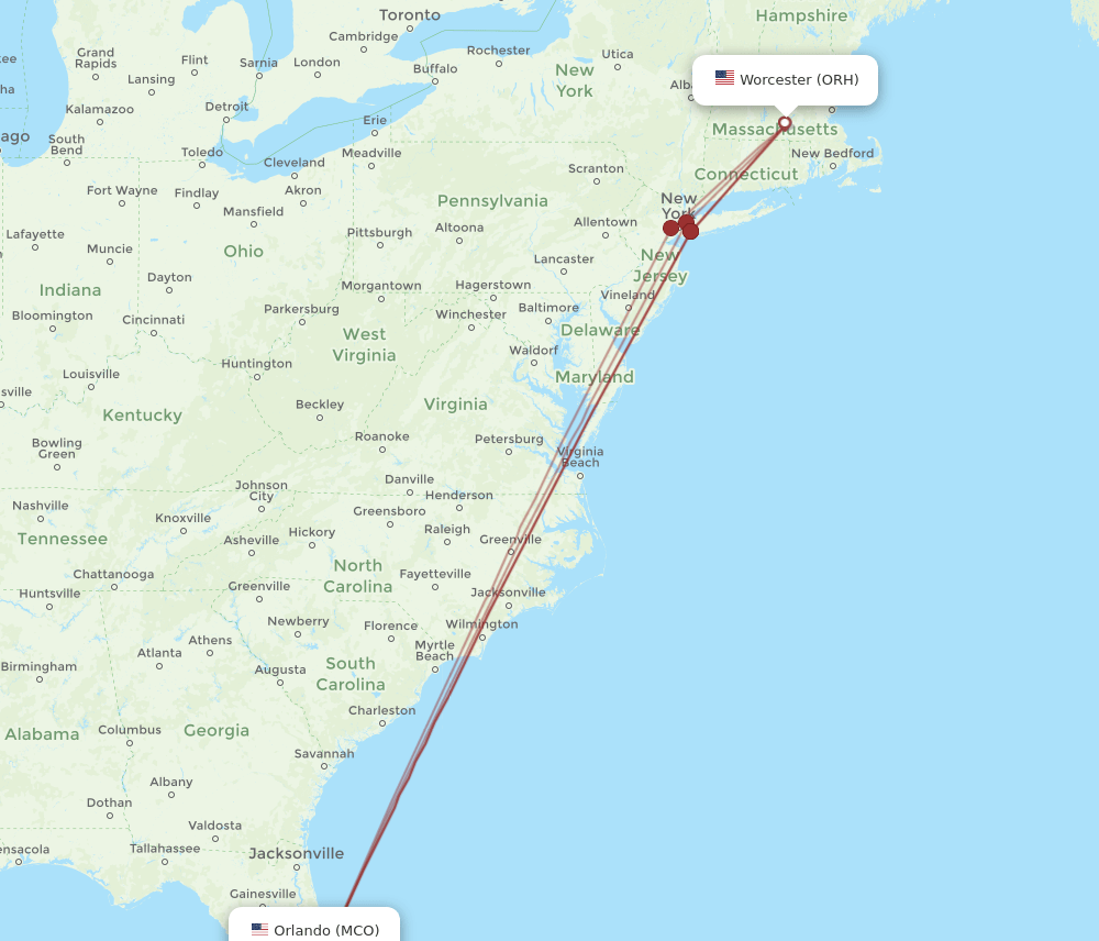 MCO to ORH flights and routes map