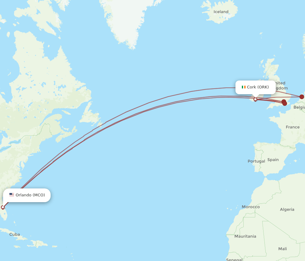 MCO to ORK flights and routes map