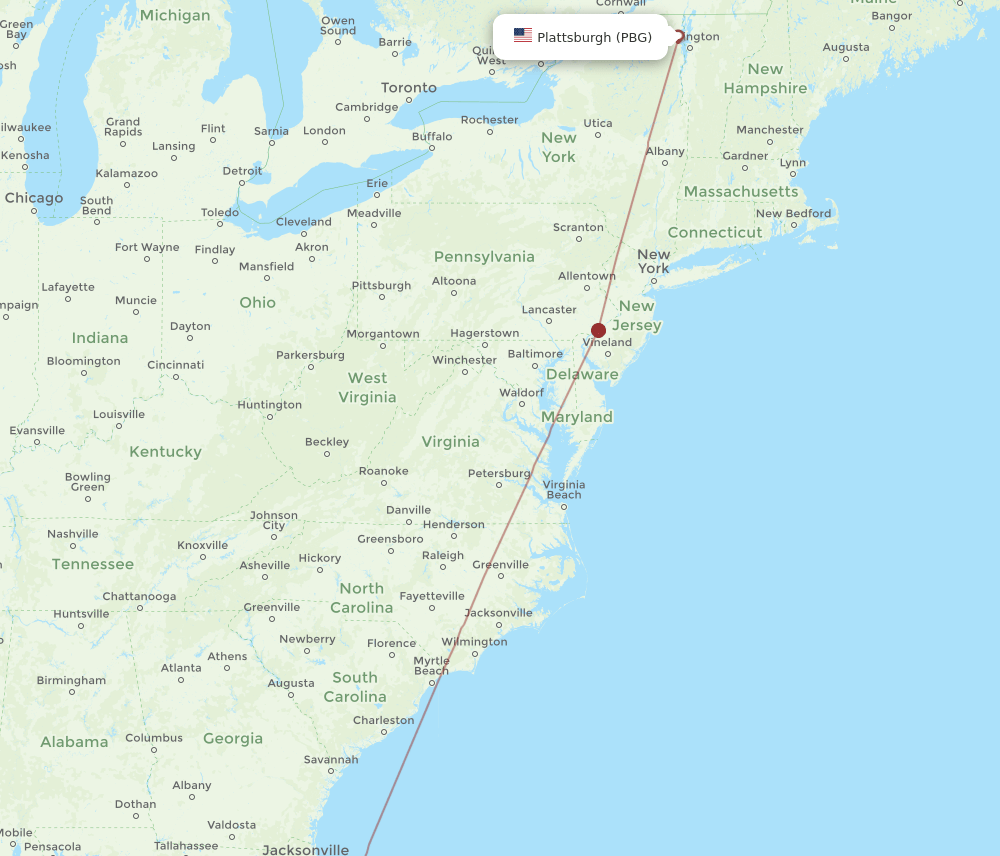 MCO to PBG flights and routes map