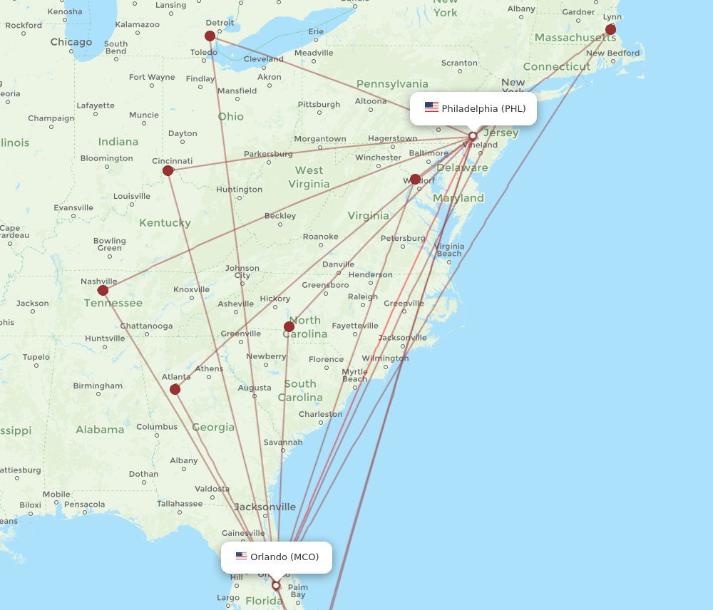 MCO to PHL flights and routes map