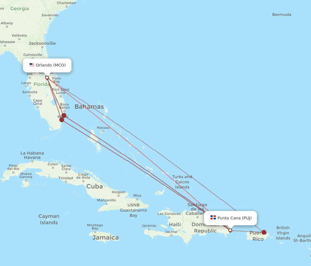 MCO to PUJ flights and routes map