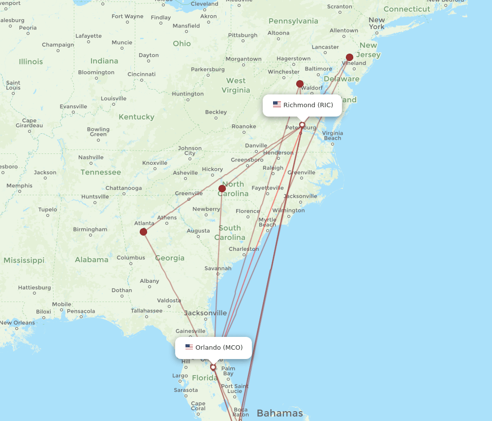 MCO to RIC flights and routes map